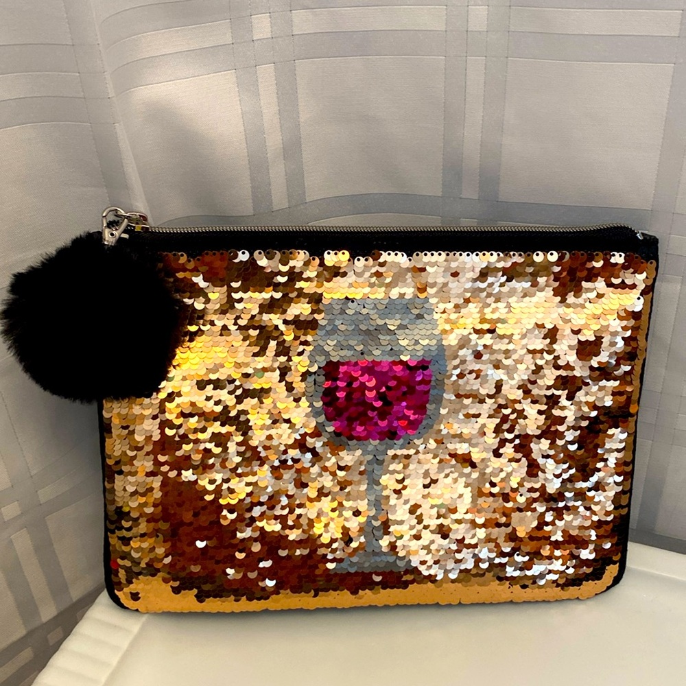 Stella & Dot Sequined Wine Glass Purse Clutch Makeup Bag Zippered Bag NWOT
